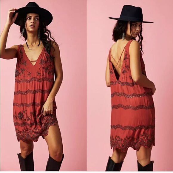 Free People Red Bali Mad Love embellished beaded boho mini dress size S - Picture 8 of 12